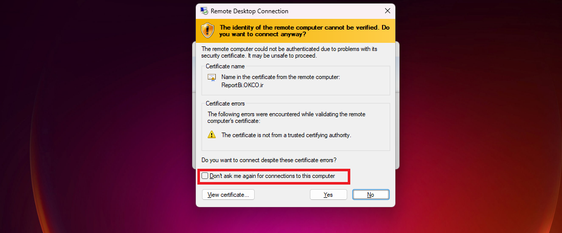 تایید Certificate در ریموت دسکتاپ